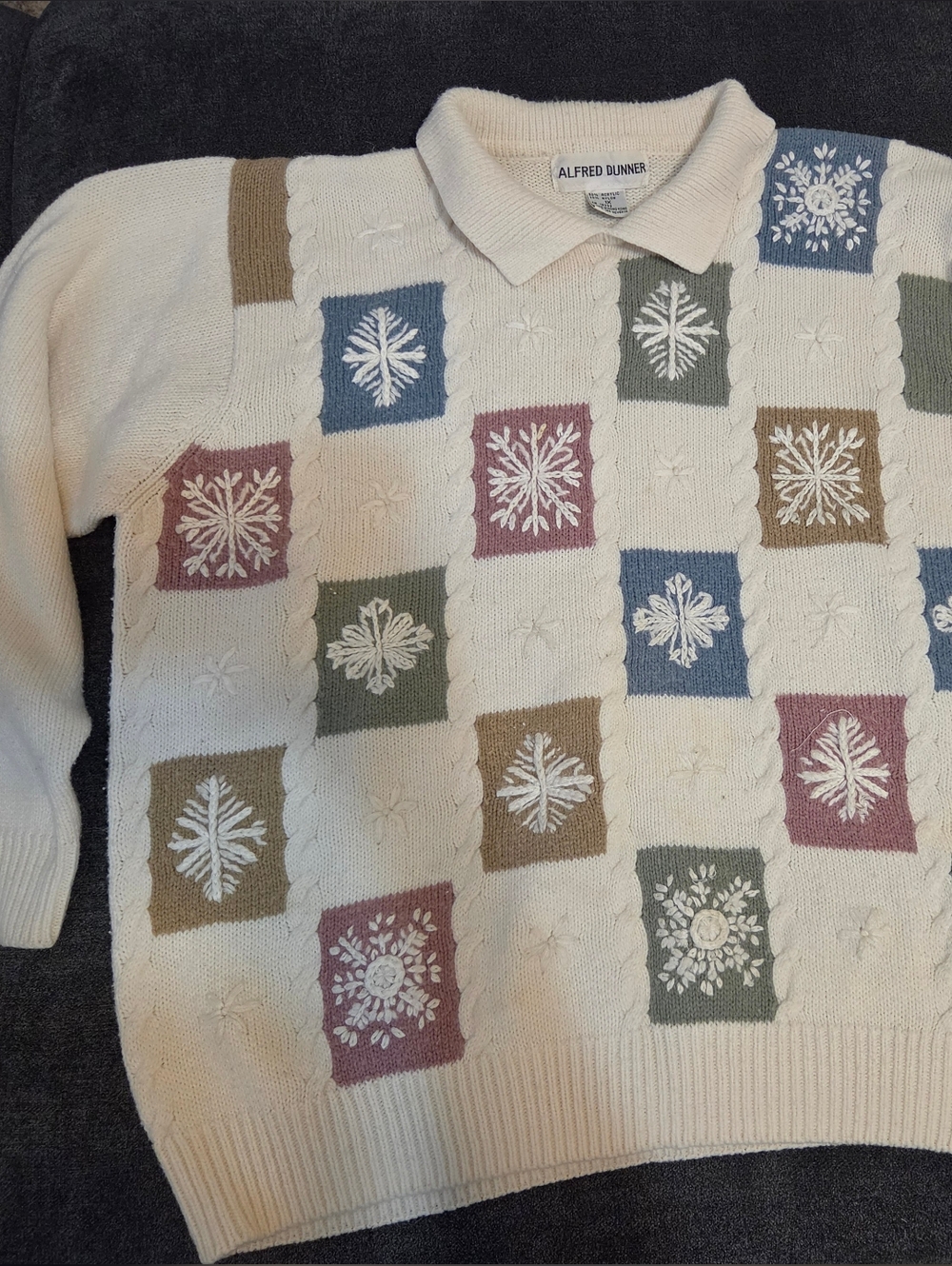 Alfred Dunner Cream Crewneck Sweater with Multicolor Snowflake Blocks